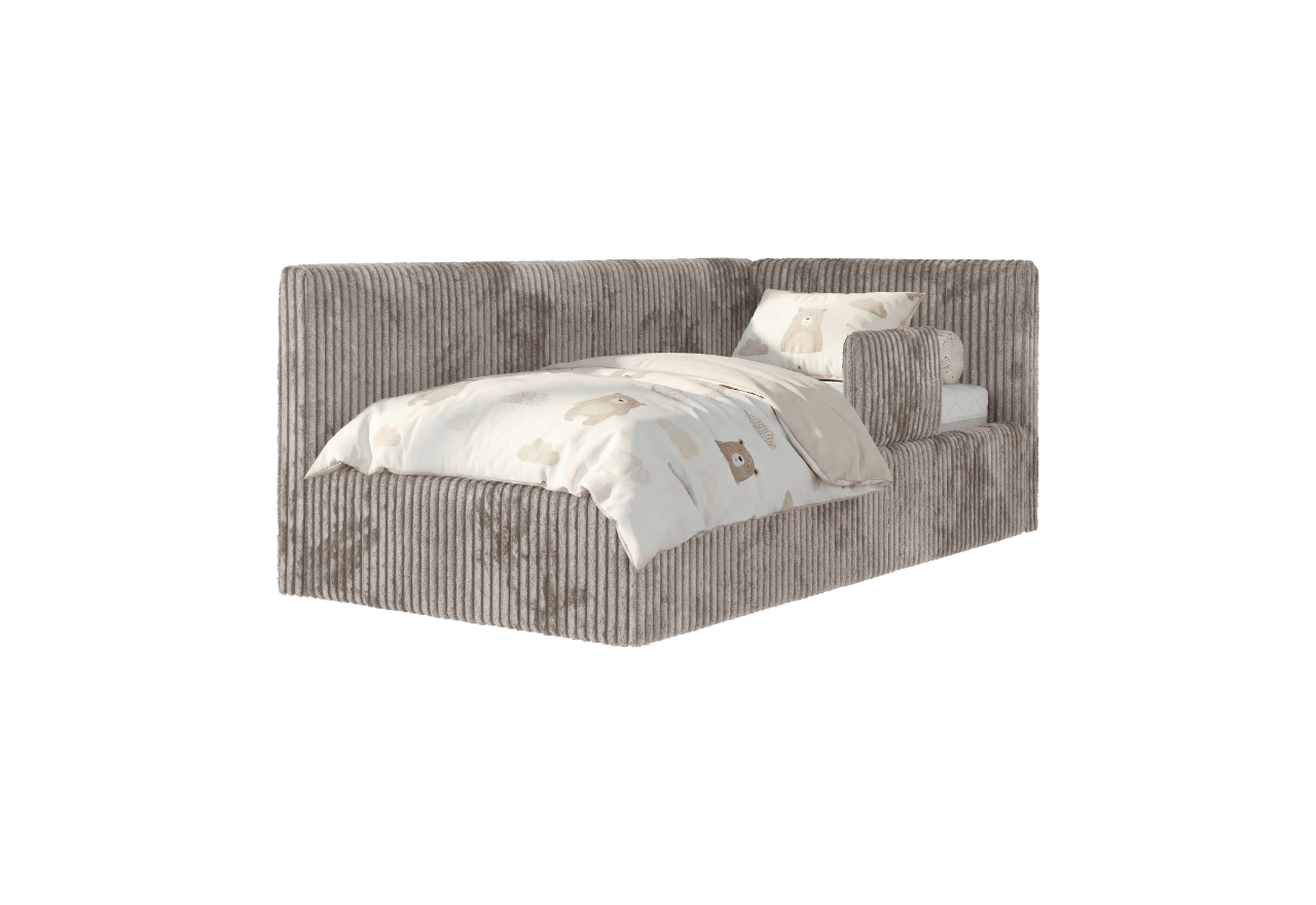 Łóżko dziecięce TILVO ALTA 90x200 - materac piankowy - jasnobrązowy, sztruks - strona prawa