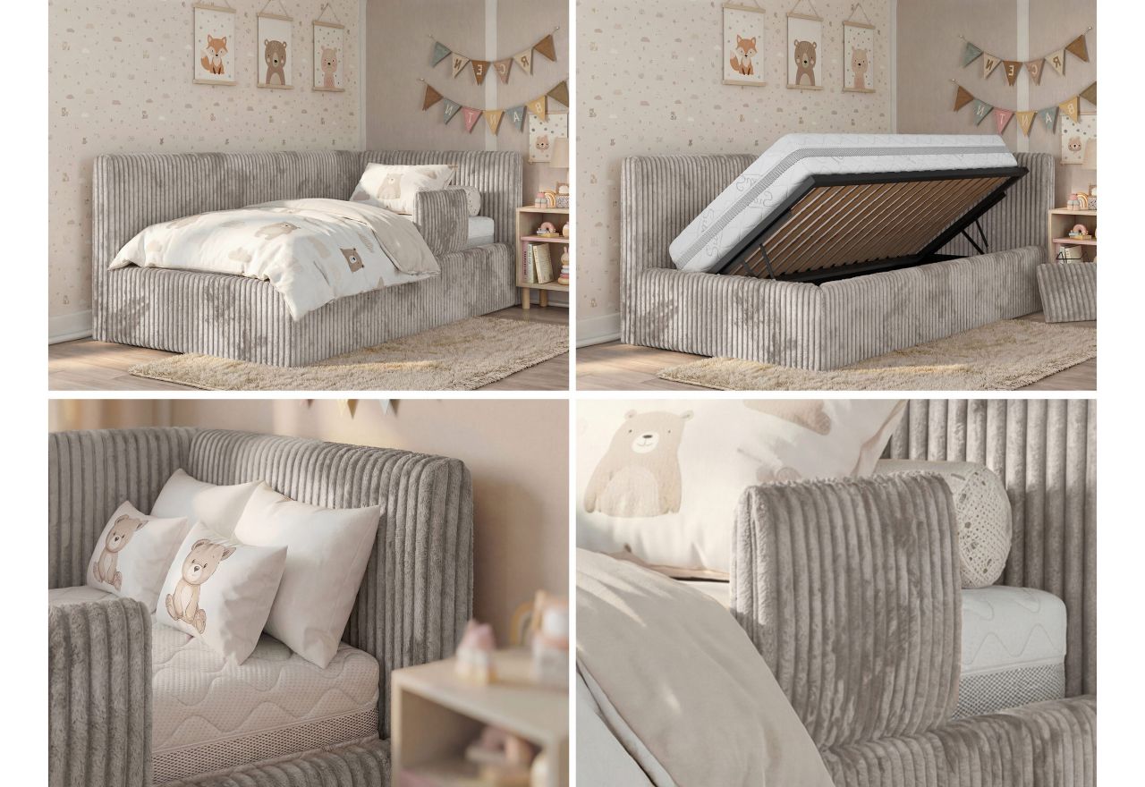 Łóżko dziecięce TILVO ALTA 90x200 - materac multipocket - jasnobrązowy, sztruks - strona prawa