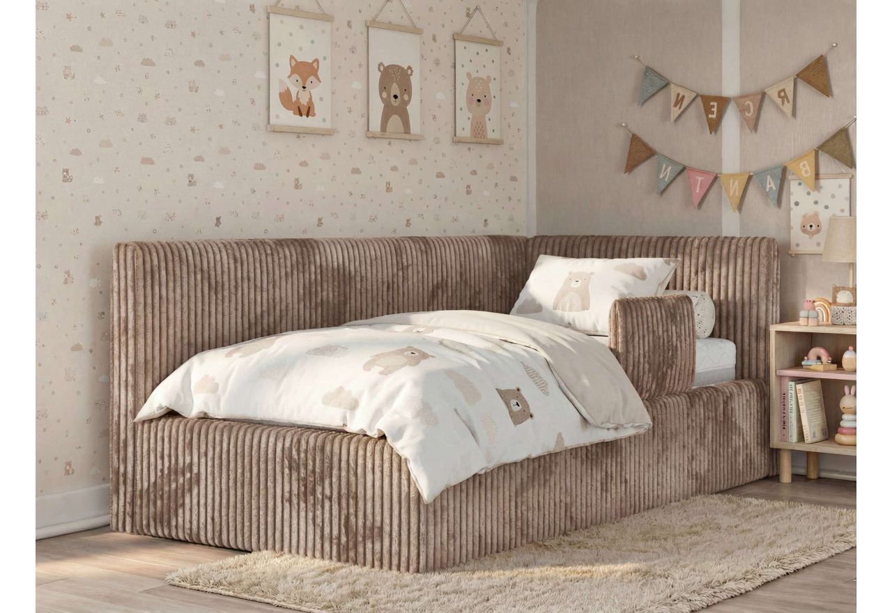 Łóżko dziecięce TILVO ALTA 90x200 - materac piankowy - brązowy, sztruks - strona prawa