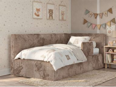 Łóżko dziecięce TILVO ALTA 90x200 - materac multipocket - brązowy, sztruks - strona prawa