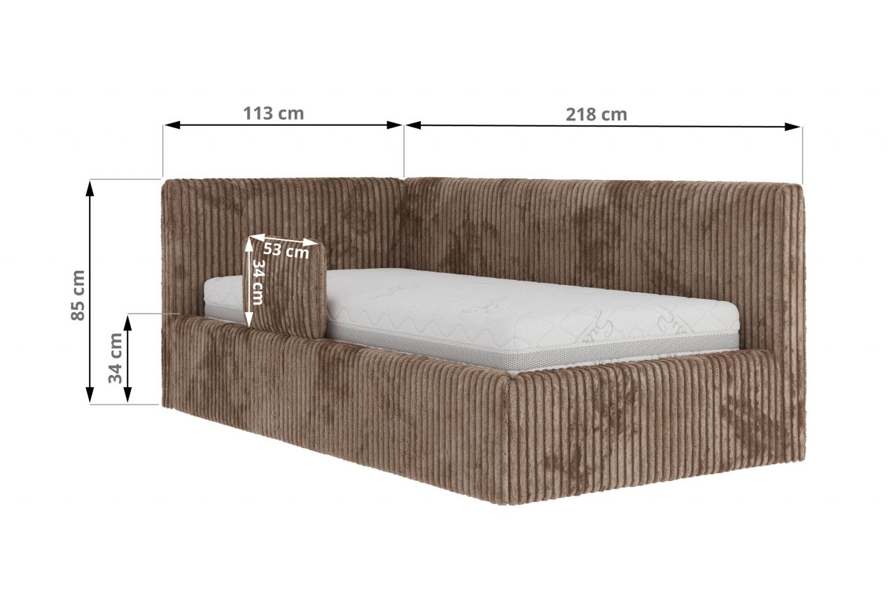 Łóżko dziecięce TILVO ALTA 90x200 - materac multipocket - brązowy, sztruks - strona prawa