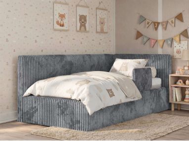 Łóżko dziecięce TILVO ALTA 90x200 - materac piankowy - szary, sztruks - strona prawa