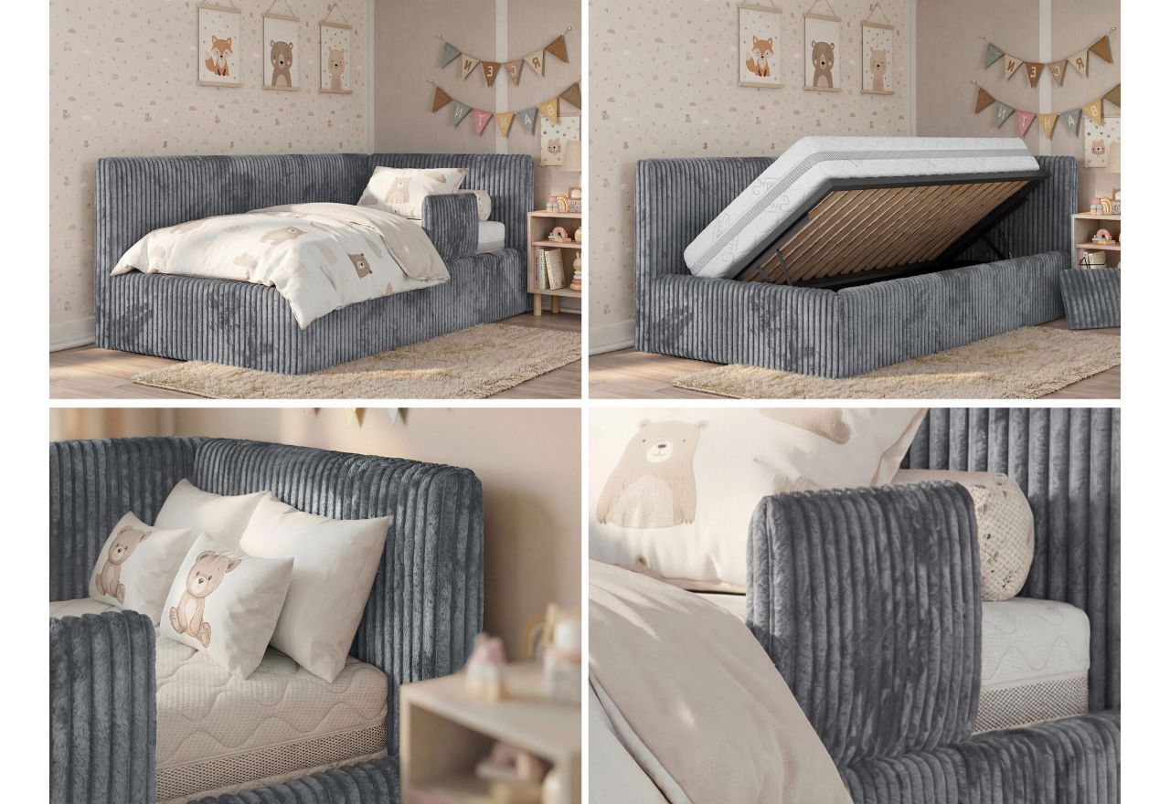 Łóżko dziecięce TILVO ALTA 90x200 - materac pocket - szary, sztruks - strona prawa