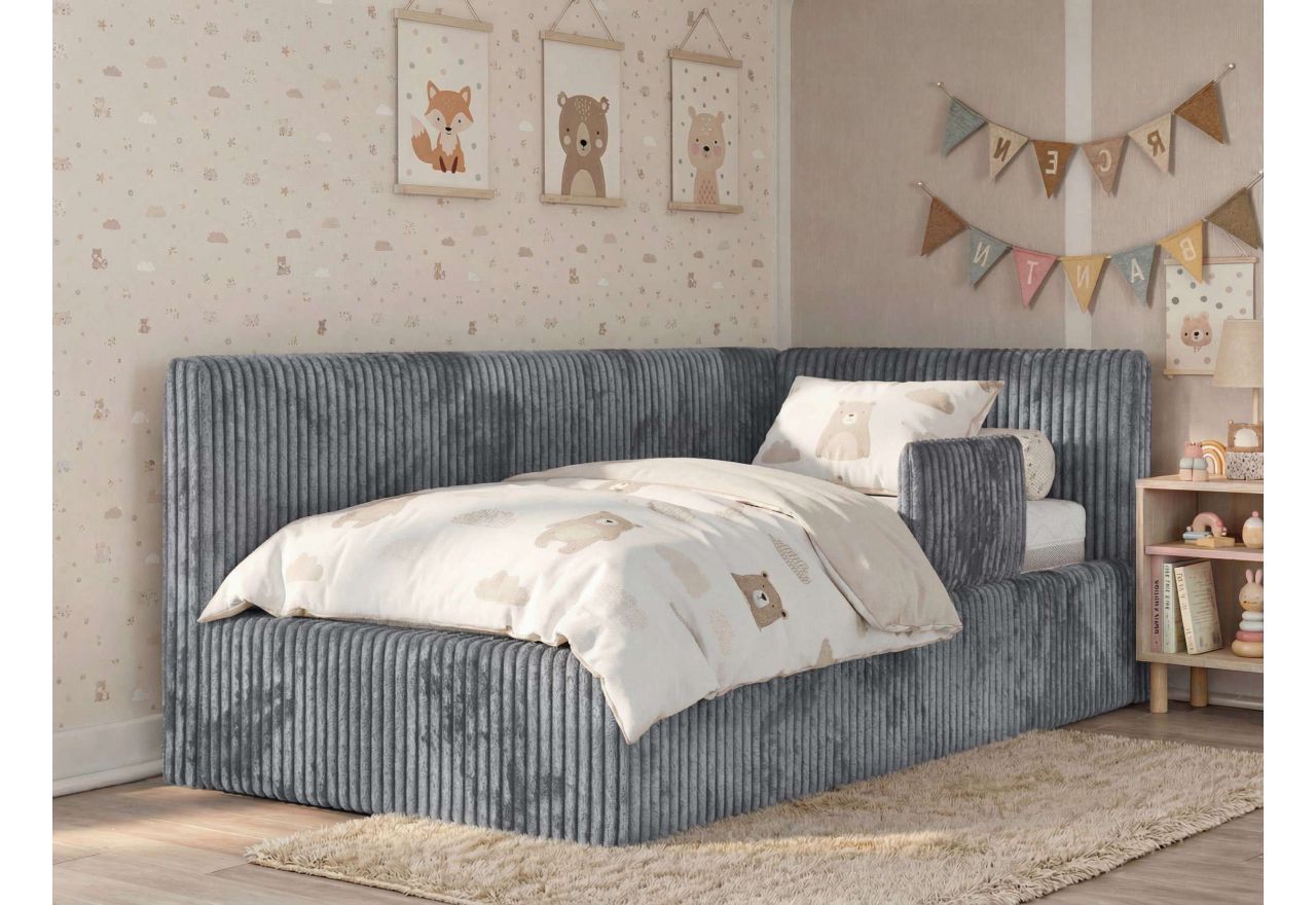 Łóżko dziecięce TILVO ALTA 90x200 - materac multipocket - szary, sztruks - strona prawa