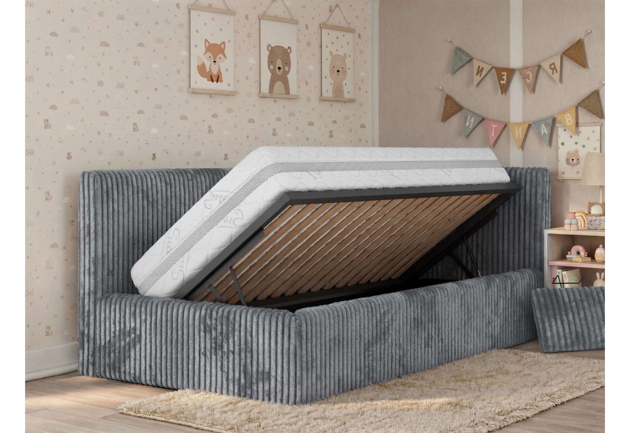Łóżko dziecięce TILVO ALTA 90x200 - materac multipocket - szary, sztruks - strona prawa