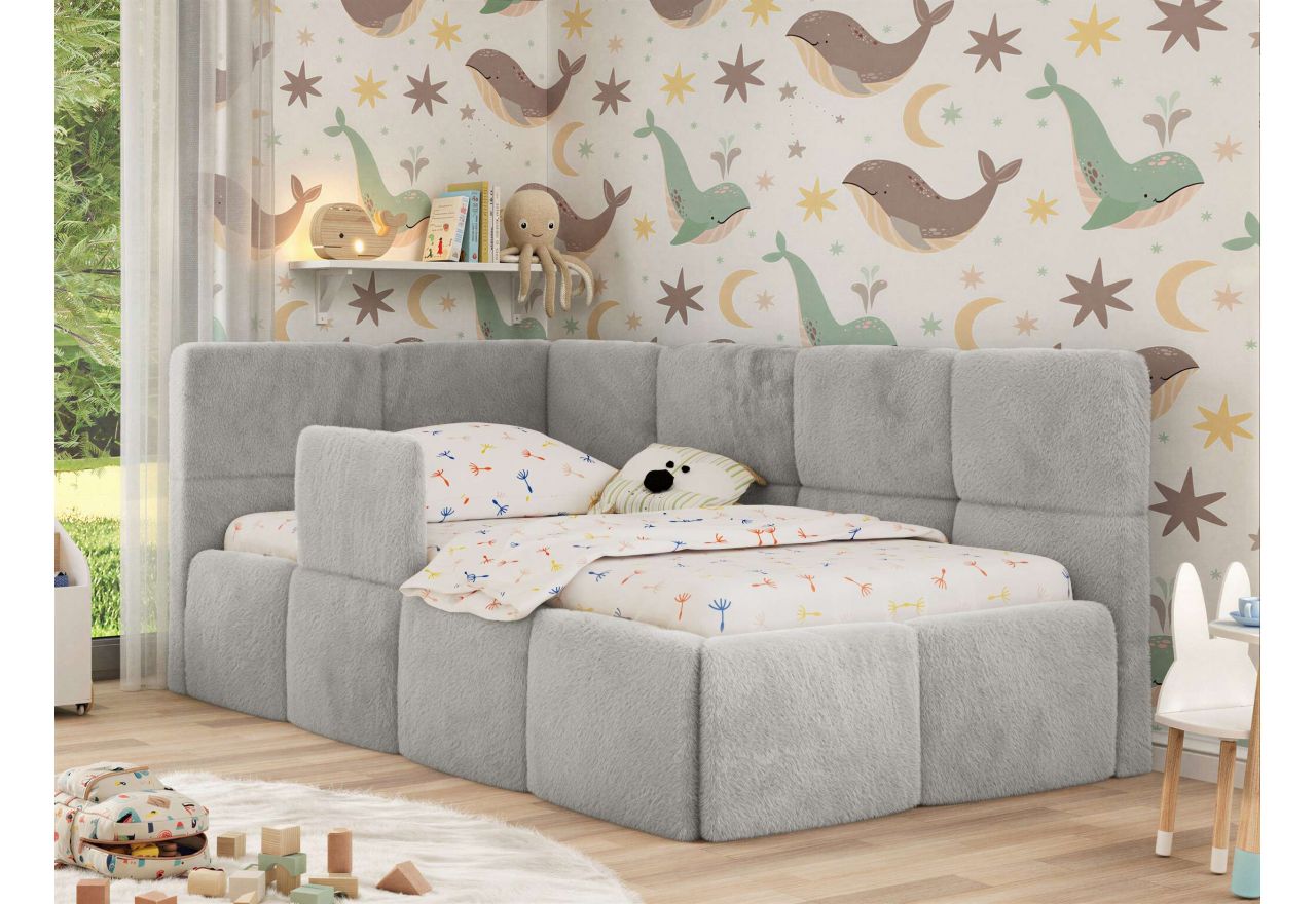 Łóżko dziecięce ARVO ALTA 90x200 - materac pocket - jasnoszary, plusz - strona lewa