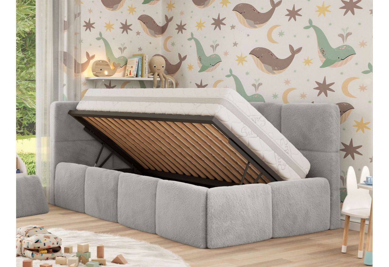 Łóżko dziecięce ARVO ALTA 90x200 - materac pocket - jasnoszary, plusz - strona lewa