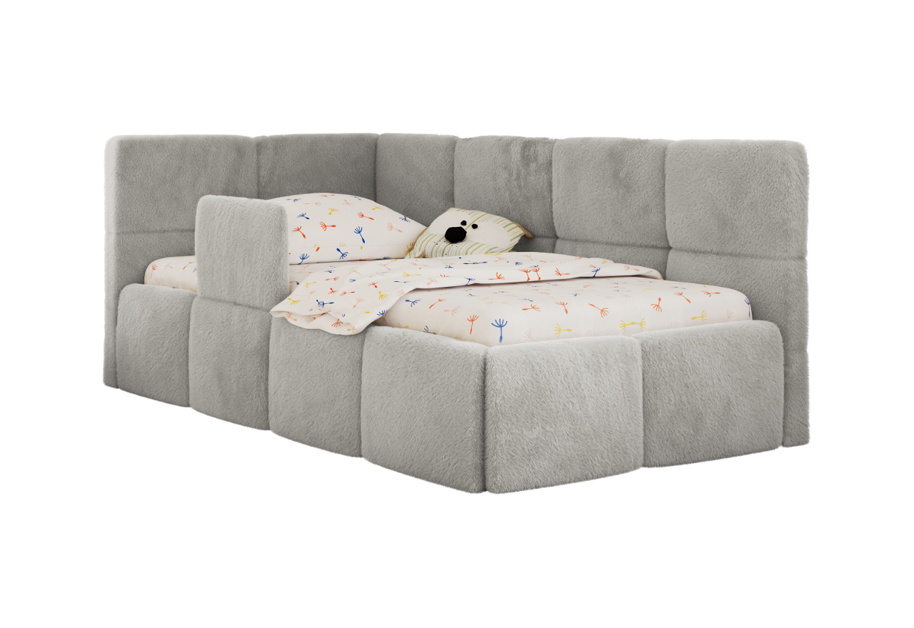 Łóżko dziecięce ARVO ALTA 90x200 - materac multipocket - jasnoszary, plusz - strona lewa