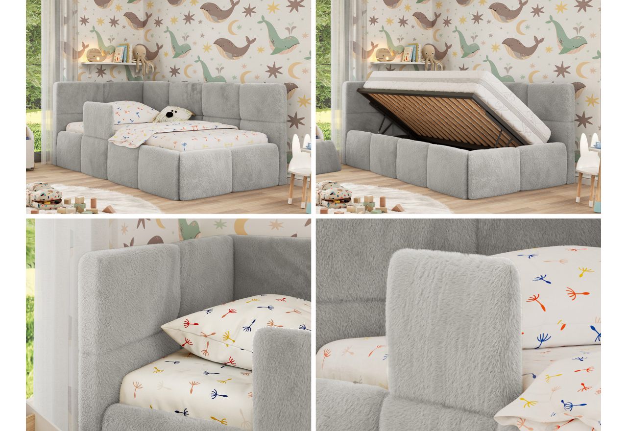 Łóżko dziecięce ARVO ALTA 90x200 - materac multipocket - jasnoszary, plusz - strona lewa