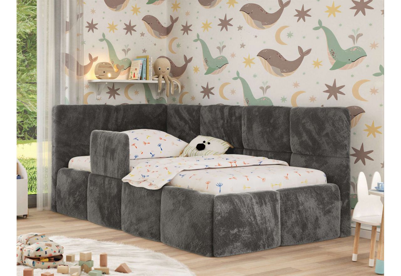 Łóżko dziecięce ARVO ALTA 90x200 - materac pocket - ciemnoszary, plusz - strona lewa