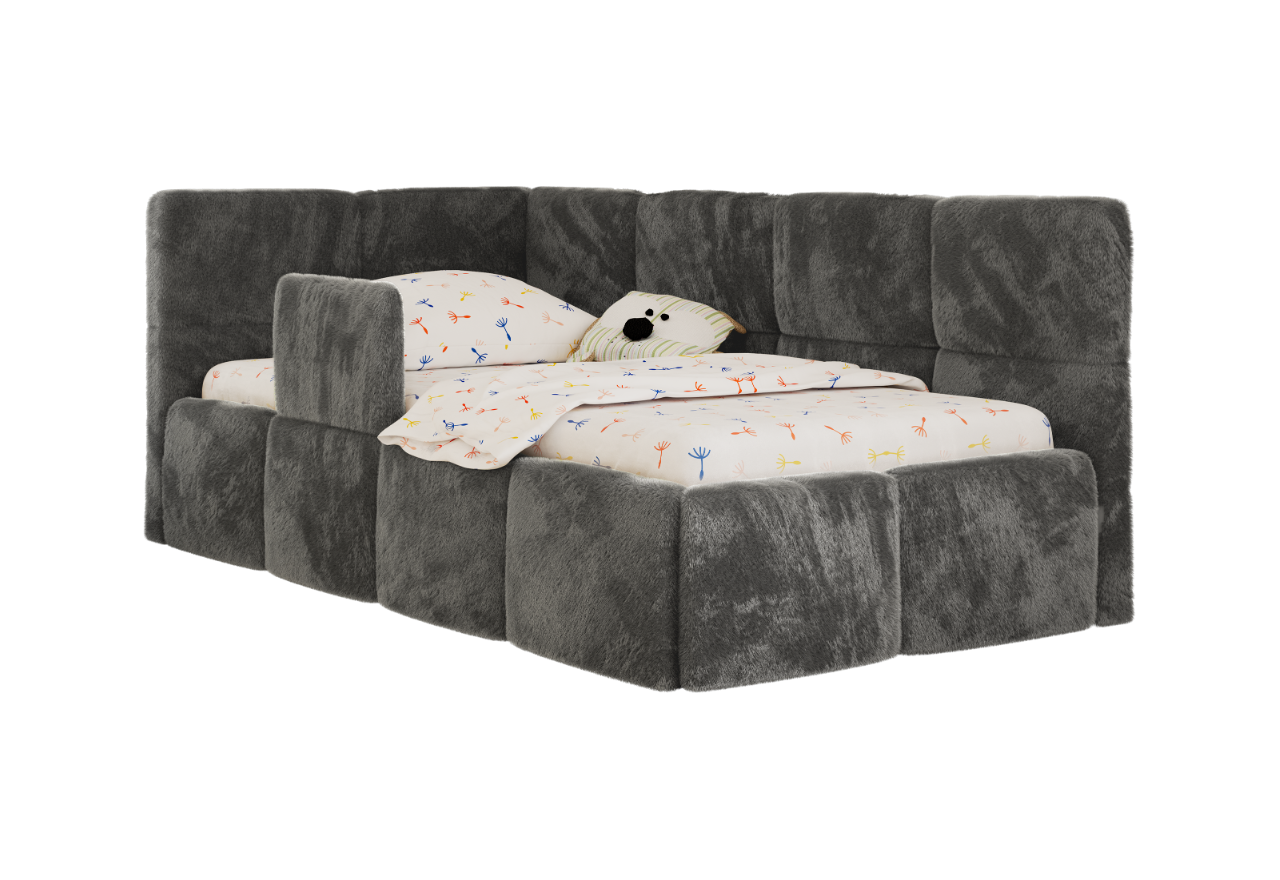 Łóżko dziecięce ARVO ALTA 90x200 - materac pocket - ciemnoszary, plusz - strona lewa