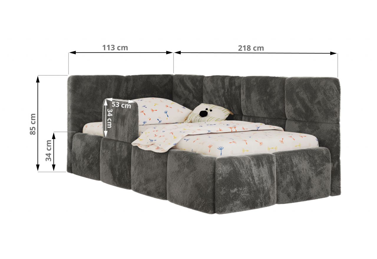 Łóżko dziecięce ARVO ALTA 90x200 - materac multipocket - ciemnoszary, plusz - strona lewa