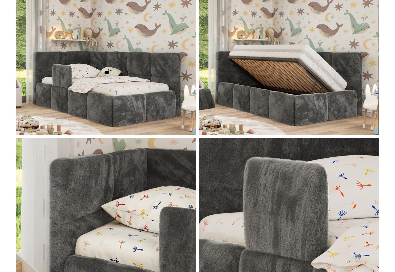 Łóżko dziecięce ARVO ALTA 90x200 - materac multipocket - ciemnoszary, plusz - strona lewa