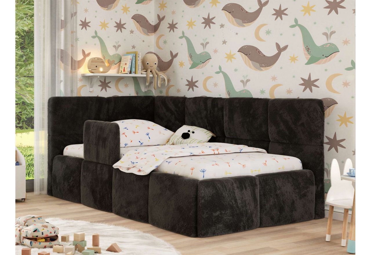 Łóżko dziecięce ARVO ALTA 90x200 - materac pocket - czarny, plusz - strona lewa