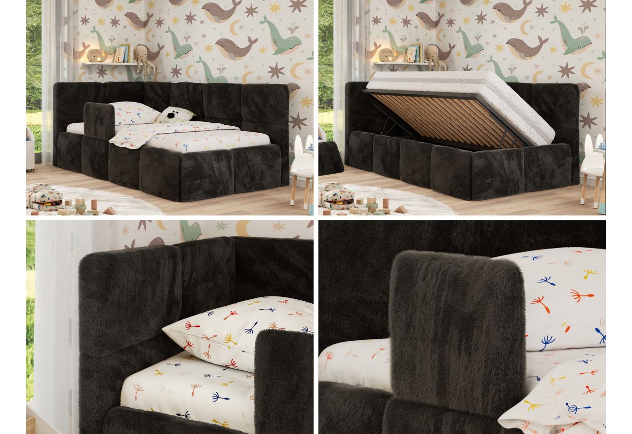Łóżko dziecięce ARVO ALTA 90x200 - materac pocket - czarny, plusz - strona lewa