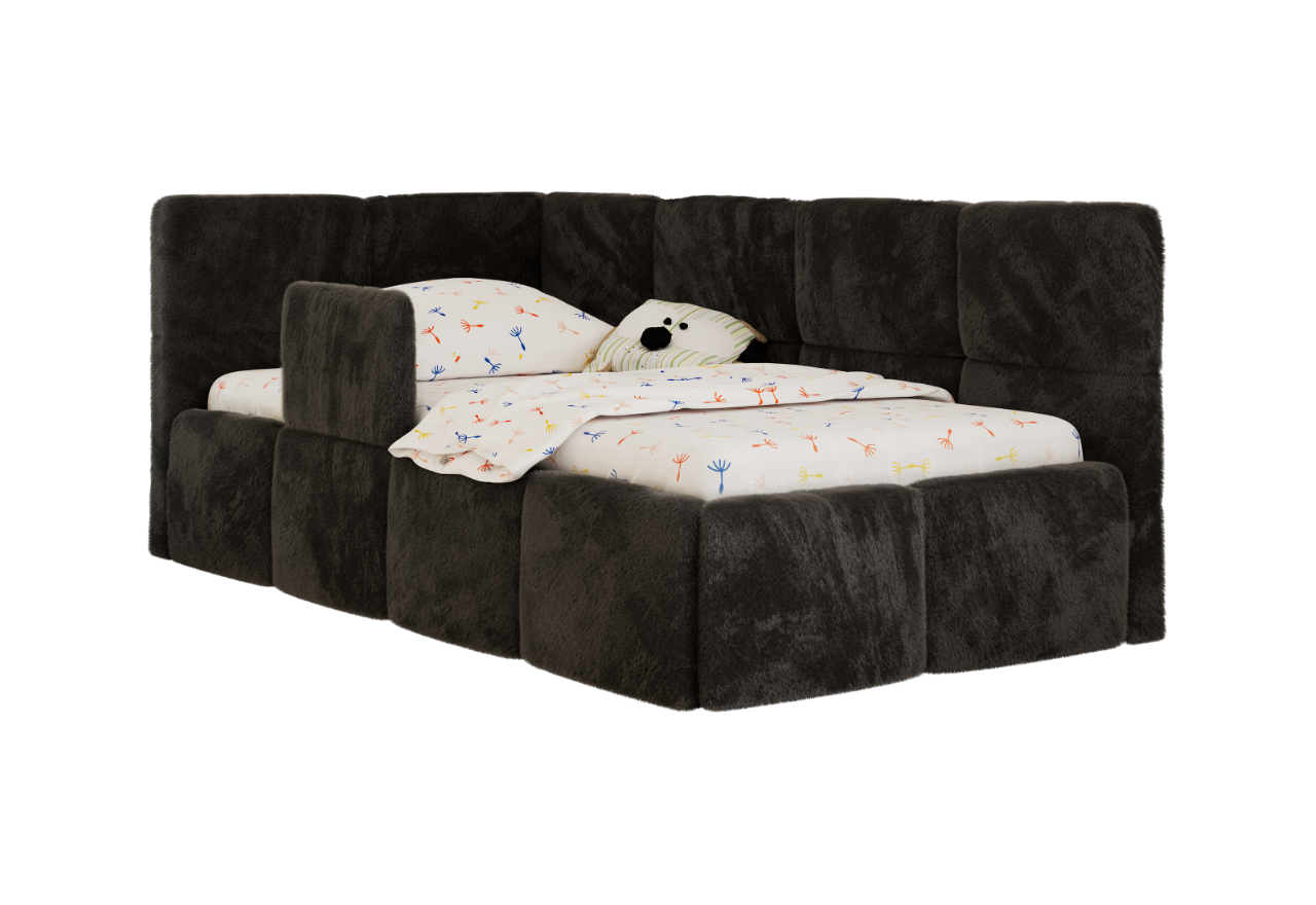 Łóżko dziecięce ARVO ALTA 90x200 - materac multipocket - czarny, plusz - strona lewa
