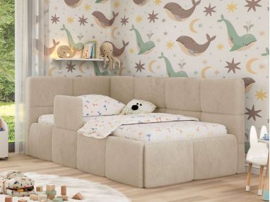Łóżko dziecięce ARVO ALTA 90x200 - materac pocket - kremowy, plusz - strona lewa