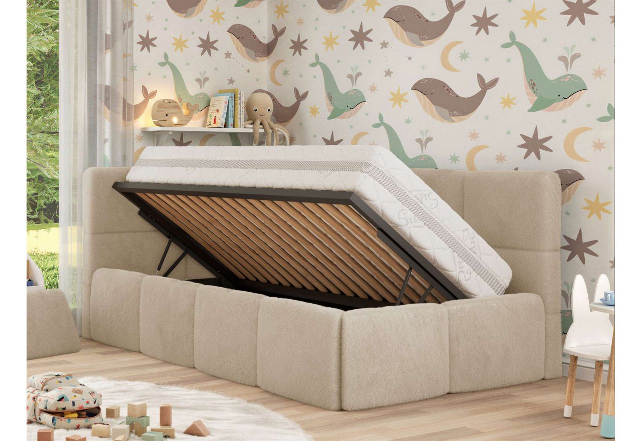 Łóżko dziecięce ARVO ALTA 90x200 - materac pocket - kremowy, plusz - strona lewa