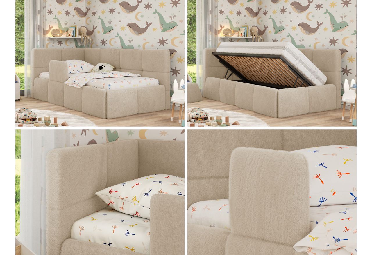 Łóżko dziecięce ARVO ALTA 90x200 - materac pocket - kremowy, plusz - strona lewa