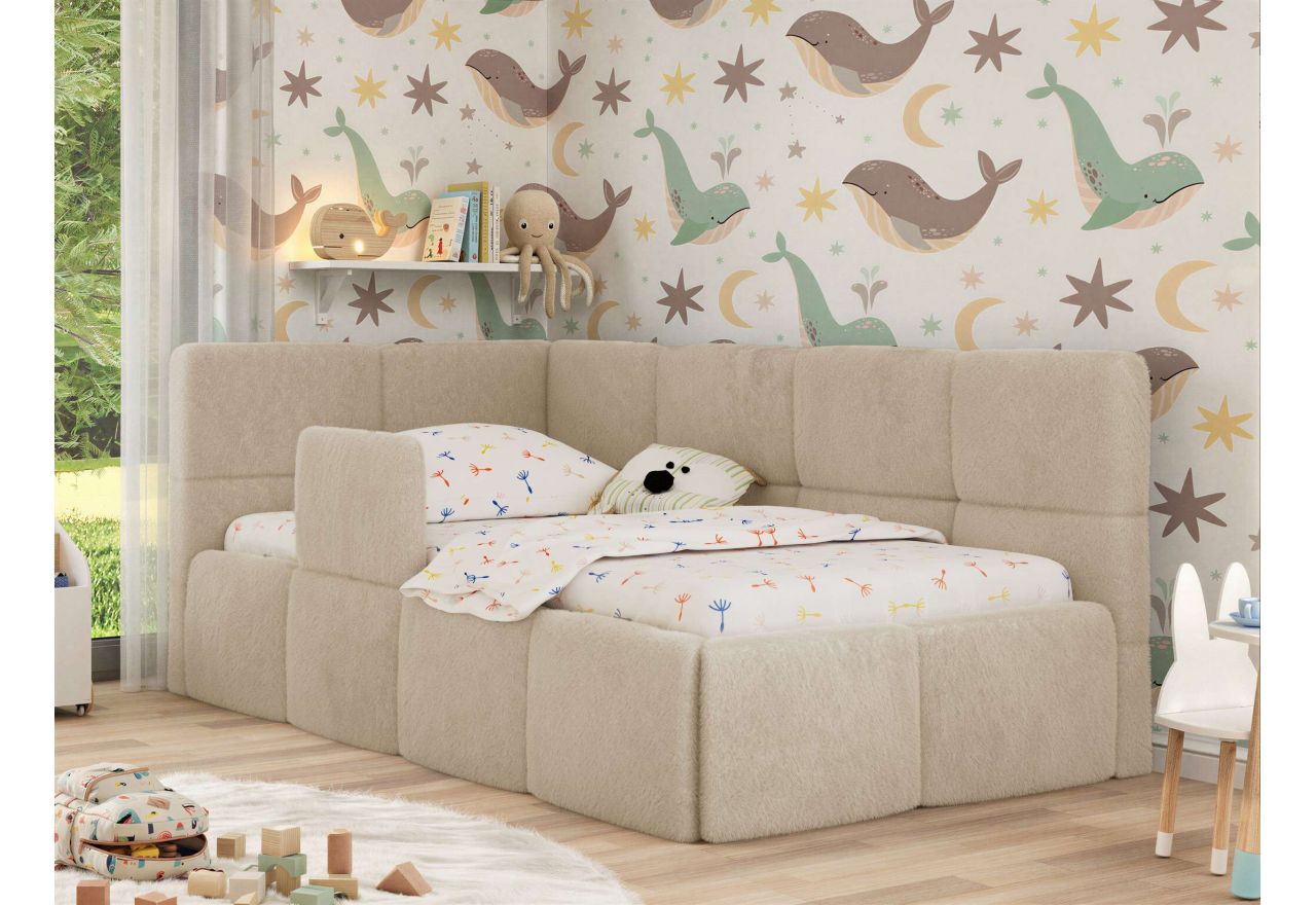 Łóżko dziecięce ARVO ALTA 90x200 - materac multipocket - kremowy, plusz - strona lewa