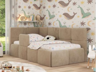 Łóżko dziecięce ARVO ALTA 90x200 - materac pocket - beżowy, plusz - strona lewa