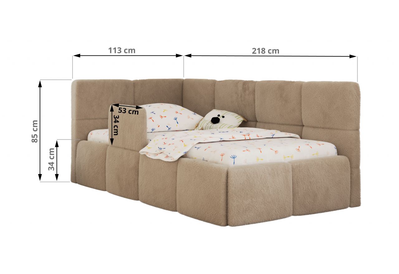 Łóżko dziecięce ARVO ALTA 90x200 - materac pocket - beżowy, plusz - strona lewa