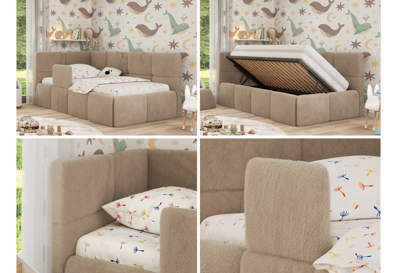 Łóżko dziecięce ARVO ALTA 90x200 - materac pocket - beżowy, plusz - strona lewa