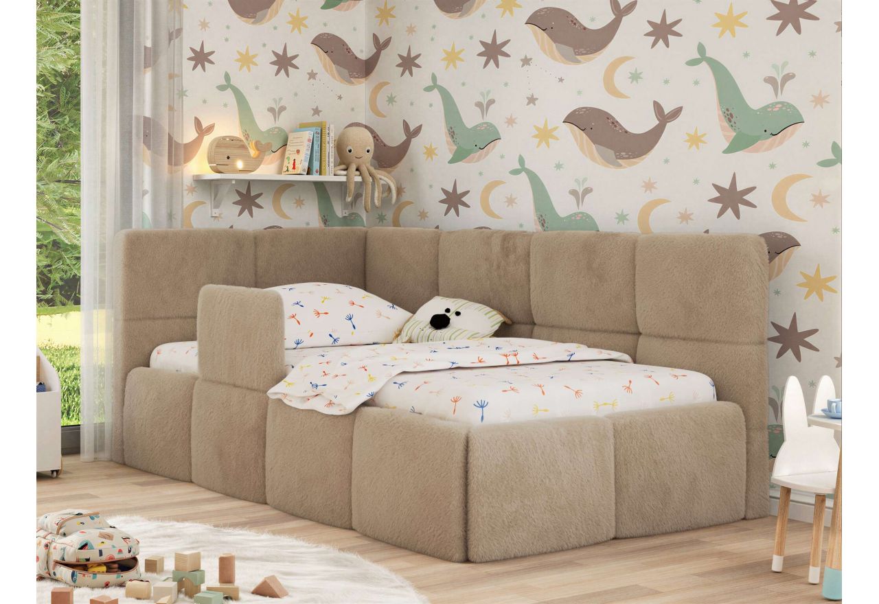 Łóżko dziecięce ARVO ALTA 90x200 - materac multipocket - beżowy, plusz - strona lewa