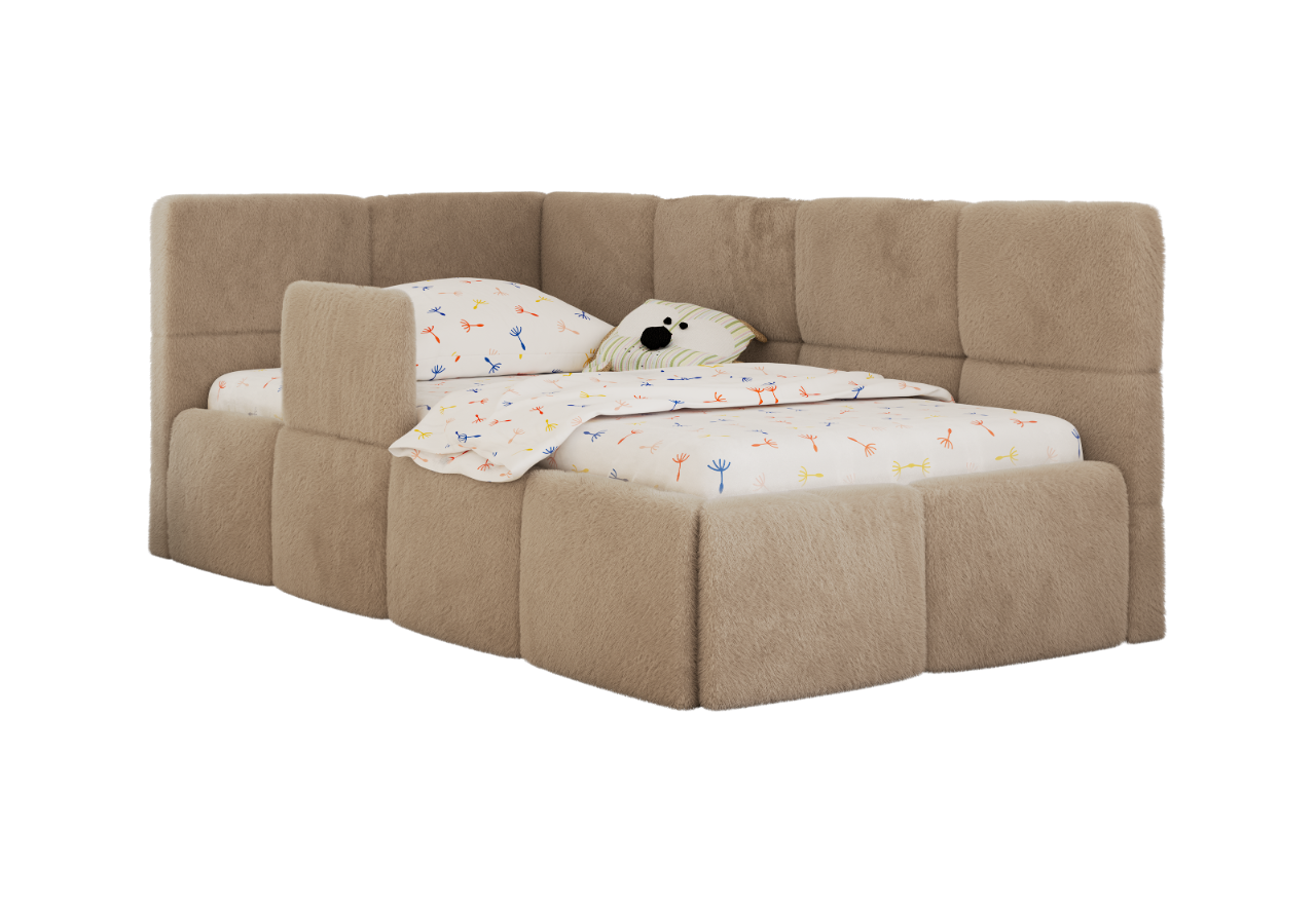 Łóżko dziecięce ARVO ALTA 90x200 - materac multipocket - beżowy, plusz - strona lewa