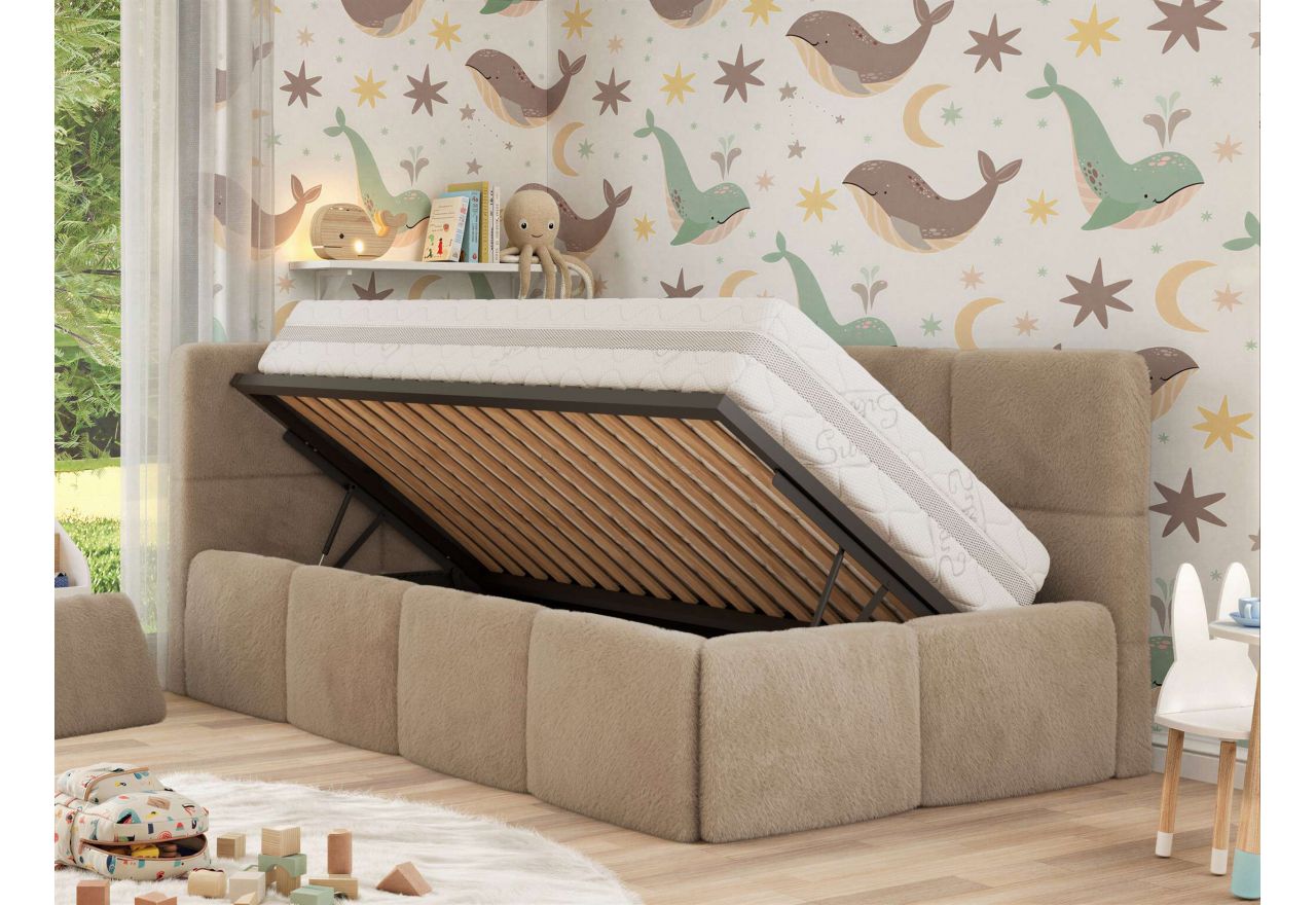 Łóżko dziecięce ARVO ALTA 90x200 - materac multipocket - beżowy, plusz - strona lewa