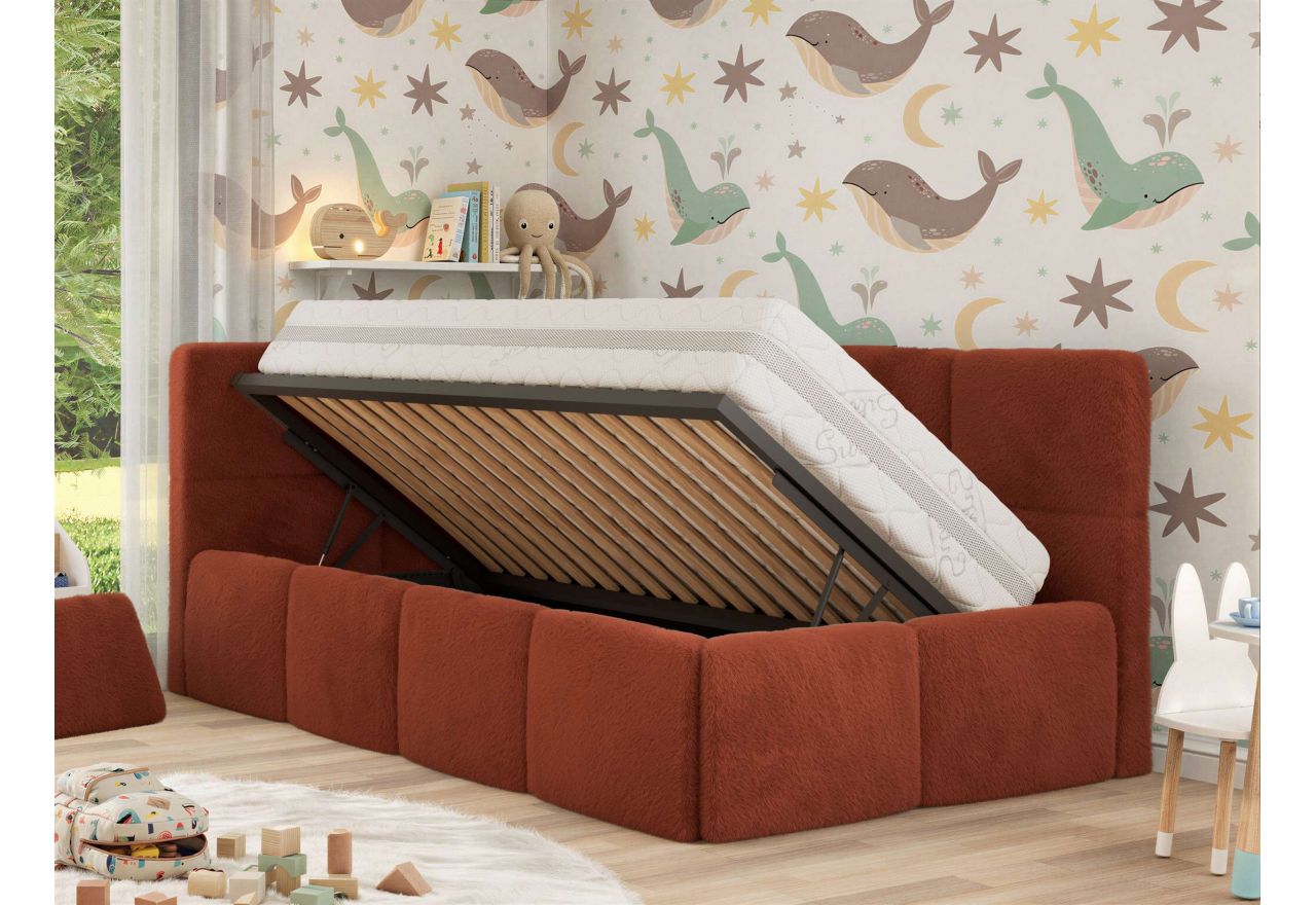 Łóżko dziecięce ARVO ALTA 90x200 - materac pocket - pomarańczowy, plusz - strona lewa