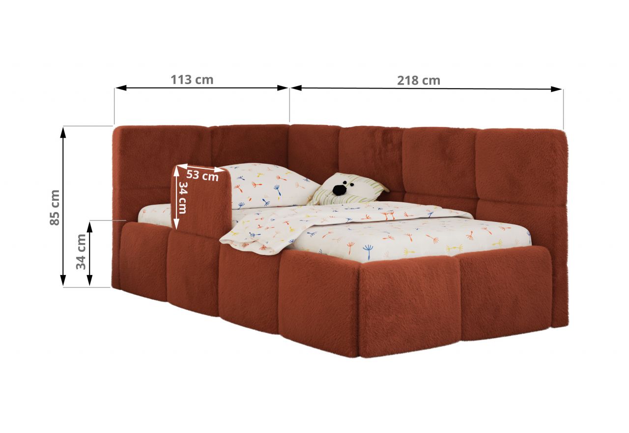 Łóżko dziecięce ARVO ALTA 90x200 - materac multipocket - pomarańczowy, plusz - strona lewa