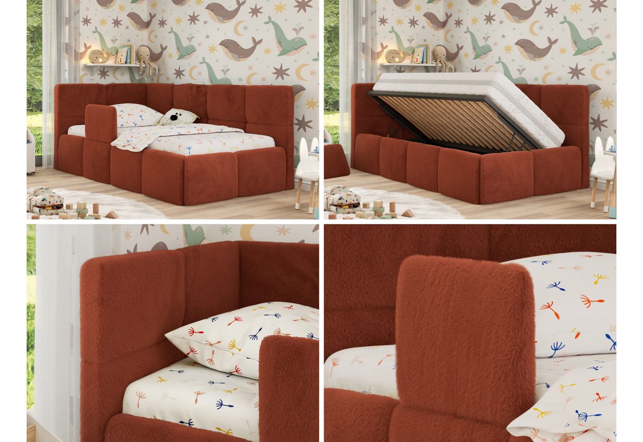 Łóżko dziecięce ARVO ALTA 90x200 - materac multipocket - pomarańczowy, plusz - strona lewa