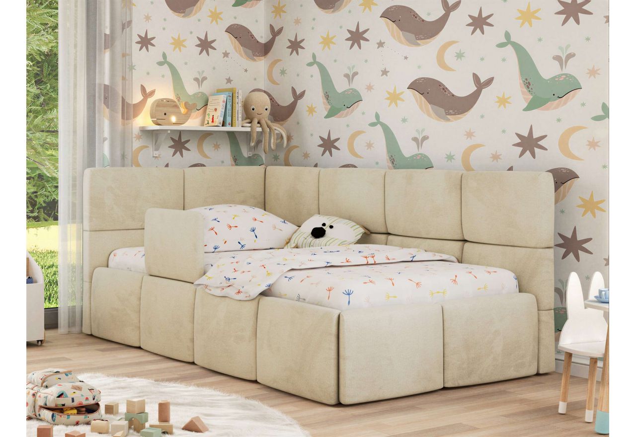 Łóżko dziecięce ARVO ALTA 90x200 - materac pocket - beżowy, welwet - strona lewa