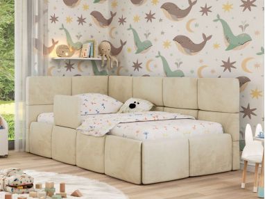 Łóżko dziecięce ARVO ALTA 90x200 - materac multipocket - beżowy, welwet - strona lewa