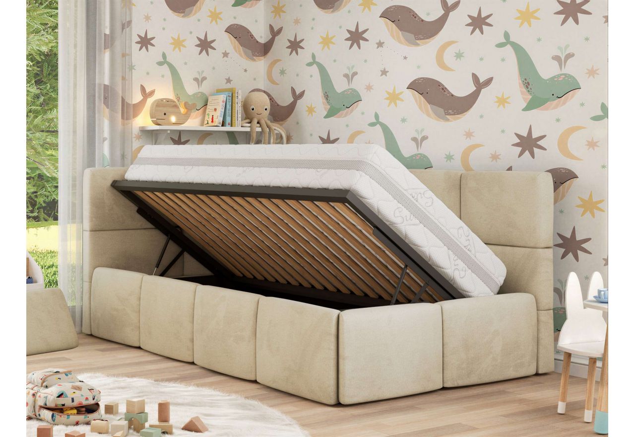 Łóżko dziecięce ARVO ALTA 90x200 - materac multipocket - beżowy, welwet - strona lewa