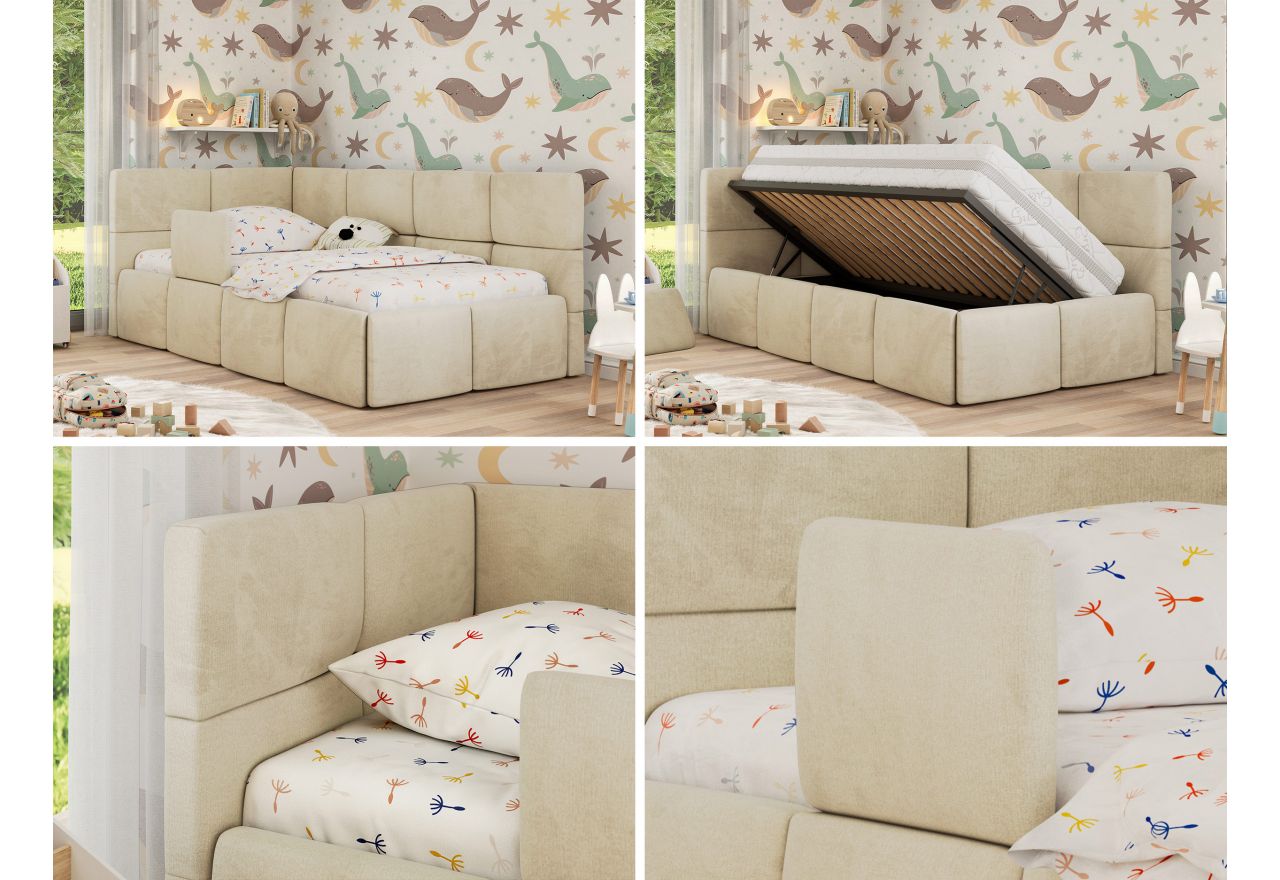 Łóżko dziecięce ARVO ALTA 90x200 - materac multipocket - beżowy, welwet - strona lewa