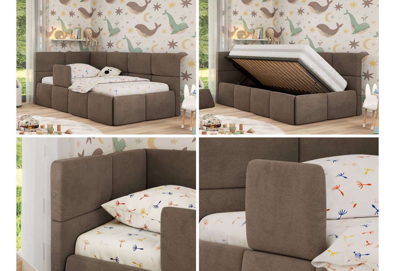 Łóżko dziecięce ARVO ALTA 90x200 - materac pocket - brązowy, welwet - strona lewa