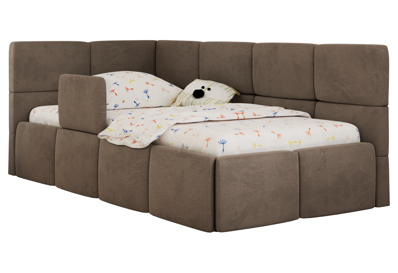 Łóżko dziecięce ARVO ALTA 90x200 - materac multipocket - brązowy, welwet - strona lewa