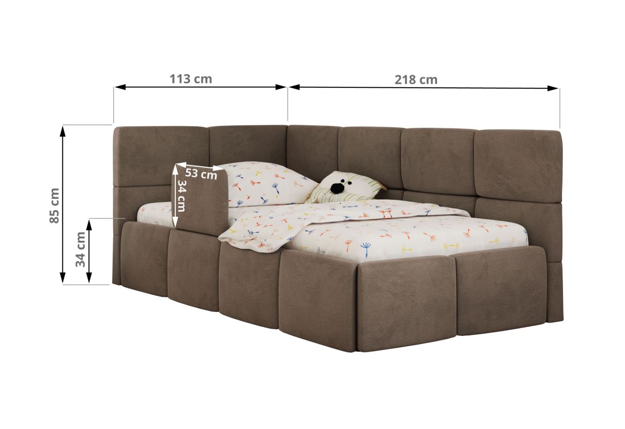 Łóżko dziecięce ARVO ALTA 90x200 - materac multipocket - brązowy, welwet - strona lewa