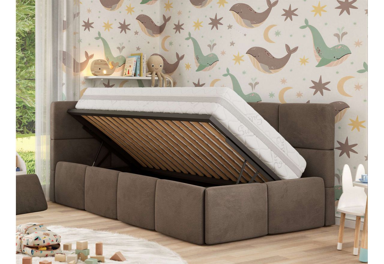 Łóżko dziecięce ARVO ALTA 90x200 - materac multipocket - brązowy, welwet - strona lewa