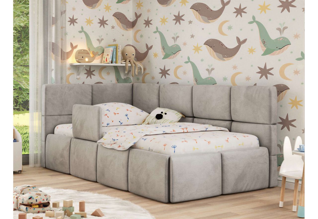 Łóżko dziecięce ARVO ALTA 90x200 - materac pocket - jasnoszary, welwet - strona lewa