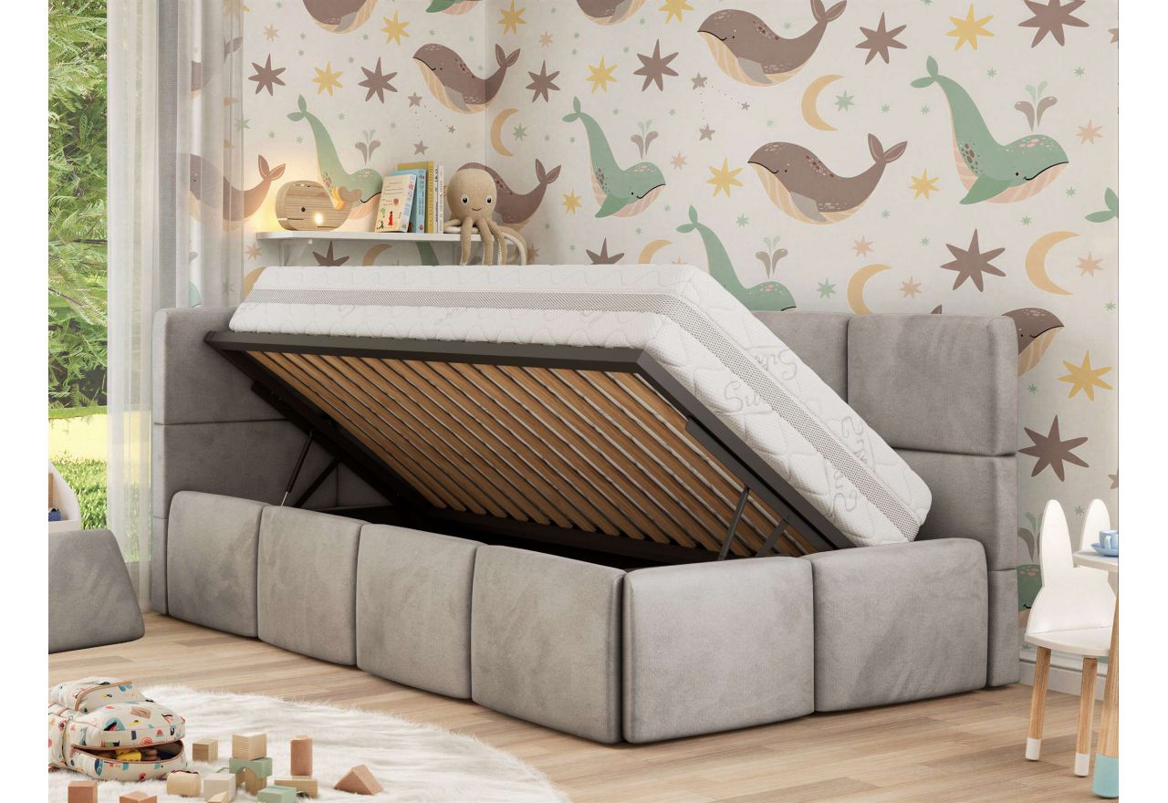 Łóżko dziecięce ARVO ALTA 90x200 - materac pocket - jasnoszary, welwet - strona lewa