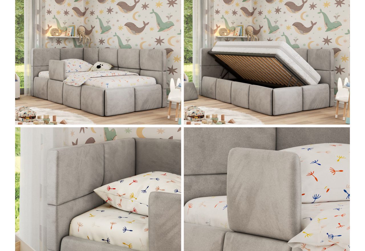 Łóżko dziecięce ARVO ALTA 90x200 - materac pocket - jasnoszary, welwet - strona lewa