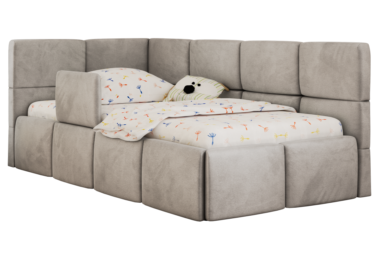 Łóżko dziecięce ARVO ALTA 90x200 - materac multipocket - jasnoszary, welwet - strona lewa