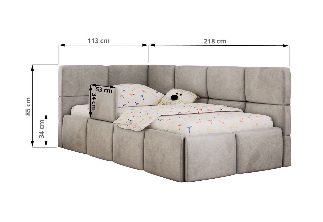 Łóżko dziecięce ARVO ALTA 90x200 - materac multipocket - jasnoszary, welwet - strona lewa