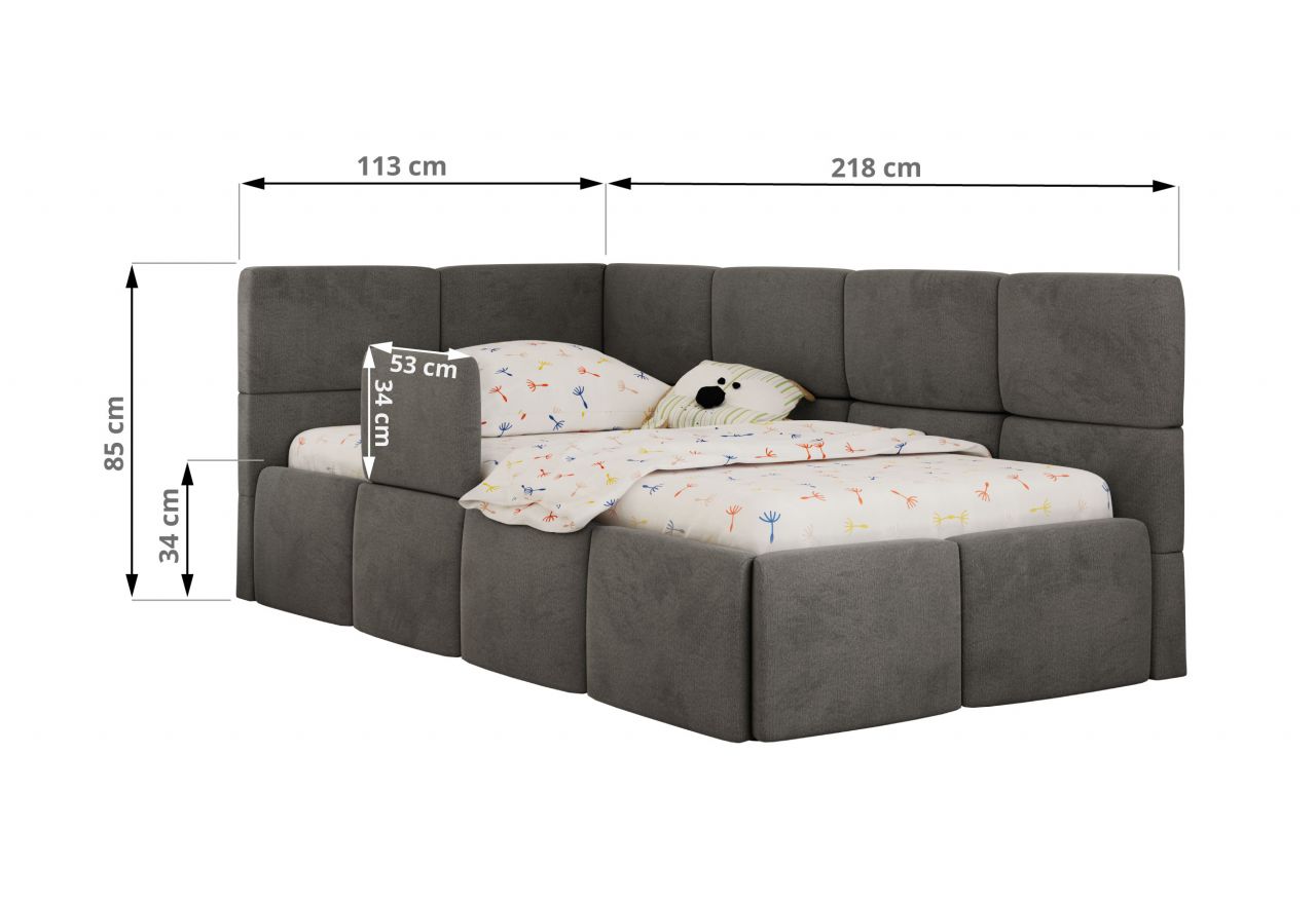 Łóżko dziecięce ARVO ALTA 90x200 - materac piankowy - ciemnoszary, welwet - strona lewa