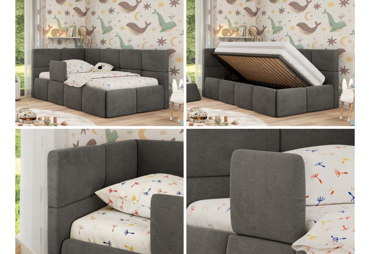 Łóżko dziecięce ARVO ALTA 90x200 - materac multipocket - ciemnoszary, welwet - strona lewa