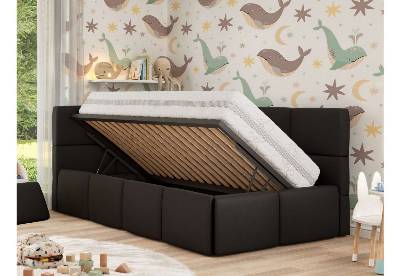 Łóżko dziecięce ARVO ALTA 90x200 - materac pocket - czarny, ekoskóra - strona lewa