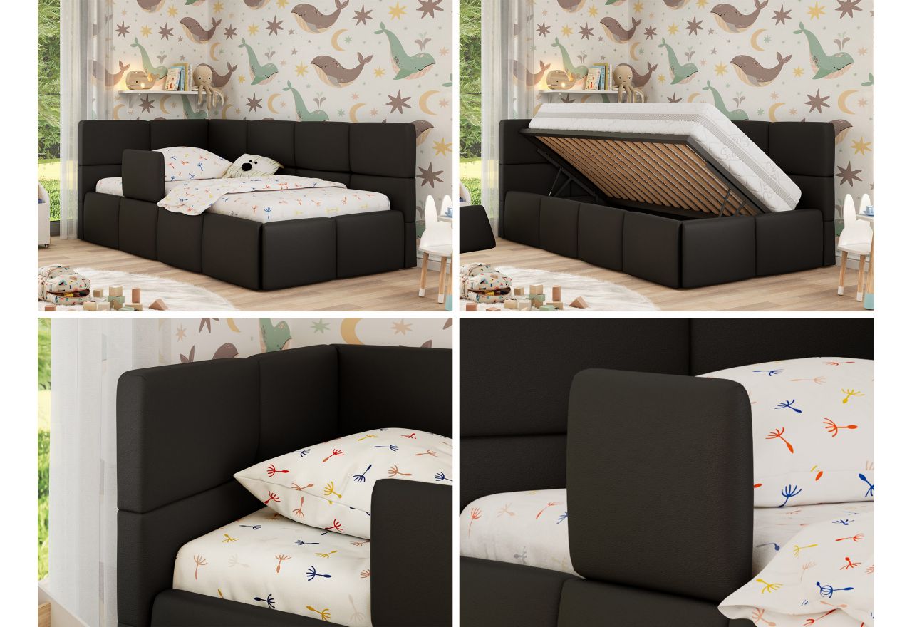 Łóżko dziecięce ARVO ALTA 90x200 - materac multipocket - czarny, ekoskóra - strona lewa